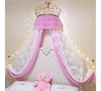 BK&MF Baldaquin de lit Princesse Rose Rideau de Dentelle Double Couche, Moustiquaire de Rêve avec Lumieres Étoiles, Décoration Chambre Fille Facile à Installier,A,180cm (76") King