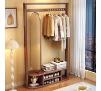 BK&MF Porte-Manteau Moderne avec patère et Miroir, Banc d'entrée avec Rangement pour Chaussures Facile à Assembler pour l'entrée ou la Chambre à Coucher,Walnut,31x16x71inch