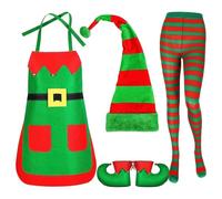Bkazwe 4PCS Costume Lutin de Noël Femme, Costume Elfe Noel, Deguisement Elfe Noel Femme, Set de Noël : Covers de chaussures, Bonnet, Tablier et Collants rayés rouge et vert pour Carnaval