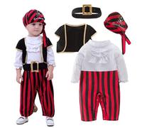 Bkazwe Costume de Pirate Bébé Deguisement Pirate Enfant Garçon 6 Mois-7 Ans Complet: T-Shirt, Gilet, Ceinture, Pantalon, Foulard, Chapeau - Noir/Rouge Garçon Halloween Carnaval Anniversaire