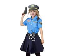 Bkazwe Deguisement Policier Enfant, 13PCS Costume Policier Deguisement Carnaval,Costume de Police Chemise,Jupes,Chapeau,Cravate,Ceinture,Menotte,Talkie-Walkie,Pistolets Jouets pour Halloween