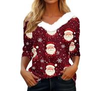 Bkazwe Pull de Noel Femme Col V Fausse Fourrure Haut Noel Impression Christmas Sweatshirt Manches Longues Haut de Noël Elegant Manches Longues Sweat Casual Haut Pull Noël Femme Automne Hiver