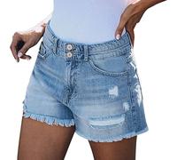 Bkazwe Short Jean Femme Boyfriend Décontracté Été Large Confortable Denim Élastique Taille Moyenne Y2K Trous Jeans Shorts