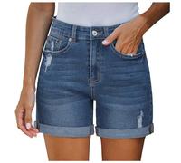 Bkazwe Short Jean Femme Boyfriend Décontracté Été Large Confortable Denim Élastique Taille Moyenne Y2K Trous Jeans Shorts