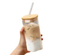 Bkazwe Tasse à Café Glacé Carrée en Verre 400ml - Gobelet Réutilisable Transparent avec Couvercle Étanche, Paille Incluse - Résistant à la Chaleur pour Boissons Chaudes/Froides Bureau, Maison (B)