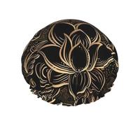 BKDODKS Bonnet de douche bohème avec imprimé fleurs de lotus doré pour femme, léger, réutilisable, doux, double couche imperméable, anti-fuite, noir