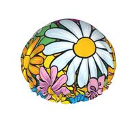 BKDODKS Bonnet de douche pour femme avec imprimé de fleurs mignonnes de dessin animé, léger, réutilisable, doux, double couche, étanche, noir