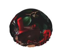 BKDODKS Bonnet de douche pour femme avec imprimé rose rouge et vin romantique, léger, réutilisable, doux, double couche imperméable, anti-fuite, noir