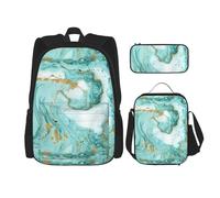 BKDODKS Ensemble sac à dos 3 en 1 avec imprimé marbre turquoise et doré, trousse à crayons, sac à dos de voyage décontracté pour homme et femme, noir, One Size