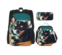 BKDODKS Ensemble sac à dos 3 en 1 avec motif lunettes de chien chihuahua, sac à déjeuner, trousse à crayons, sac à dos de voyage décontracté pour homme et femme, noir, One Size