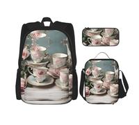 BKDODKS Ensemble sac à dos 3 en 1 avec tasses à thé avec roses imprimé romantique - Sac à déjeuner - Trousse à crayons - Sac à dos de voyage décontracté pour homme et femme - Noir - Taille unique