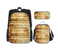 BKDODKS Ensemble sac à dos 3 en 1 imprimé notes de musique, sac à déjeuner, trousse à crayons, sac à dos de voyage décontracté pour homme et femme, noir, One Size