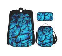 BKDODKS Ensemble sac à dos 3 en 1 imprimé papillon bleu, sac à déjeuner, trousse à crayons, sac à dos de voyage décontracté pour homme et femme, noir, One Size