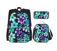 BKDODKS Sac à dos 3 en 1 avec imprimé fleurs violettes et bleu sarcelle, sac à dos, trousse à crayons, sac à dos de voyage décontracté pour homme et femme, noir, One Size