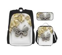 BKDODKS Sac à dos 3 en 1 avec imprimé papillon et fleur en strass, sac à déjeuner, trousse à crayons - Sac à dos de voyage décontracté pour homme et femme, noir, One Size