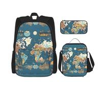 BKDODKS Sac à dos 3 en 1 avec motif carte du monde - Sac à déjeuner, trousse à crayons - Sac à dos de voyage décontracté pour homme et femme, noir, One Size