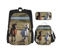 BKDODKS Sac à dos 3 en 1 avec motif chevaux de course - Sac à déjeuner, trousse à crayons - Sac à dos de voyage décontracté pour homme et femme, noir, One Size