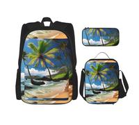 BKDODKS Sac à dos 3 en 1 avec motif palmier tropical hawaïen, sac à déjeuner, trousse à crayons - Sac à dos de voyage décontracté pour homme et femme, noir, One Size