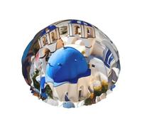 BKDODKS Santorini Bonnet de douche pour femme avec imprimé île grecque et vue sur la mer pour femme, léger, réutilisable, doux, double couche, étanche, noir