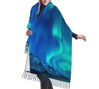 Bkdogkt Écharpe légère à franges imprimée aurores boréales pour femme - Écharpe douce - Châle à pompons - Cadeau, noir, taille unique