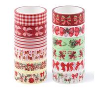 BkeeCten Lot de 12 rouleaux de ruban adhésif Washi en forme de nœud de Noël avec motifs de houx et sucre d'orge, adhésif facile à déchirer et sans acide pour emballage cadeau, scrapbooking, décoration