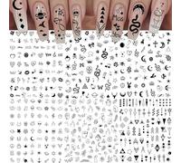 Bkemkri 6 Feuilles Sticker Ongle Autocollant 1 Pince à épiler, Noir Nail Art Décoration Autoadhésif Deco Design Manucure Adhésif Étoile Lune Abstrait Visage de Dame Triangle Géométrique Accessoires