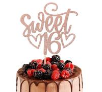 Bkemkri Glitter Cupcake Toppers, 16e Anniversaire Fille Gâteau Bonjour 16 Gâteau avec Coeur Étoile Ballon 16e Anniversaire Fille Joyeux 16e Anniversaire 16 Ans Fille Fournitures de Gâteau (Or Rose)