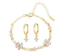 BKEPDY 2 Pièces Parure Ensemble de Bijoux Femme Zircon Fleur de Cerisier Élégantes Bracelet Boucles d'oreilles Cadeau pour Mariage Soirée(Blanc)