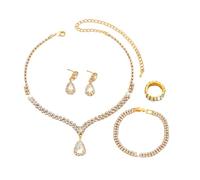 BKEPDY 4 Pièces Parure de Bijoux de Mariée Strass Collier Pendentifs Boucles D'oreilles Bracelet et Anneau Bijoux de Mariage pour Demoiselle D'honneur Bal de fin D'année（Or）