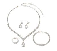 BKEPDY 4 Pièces Parure de Bijoux de Mariée Strass Collier Pendentifs Boucles D'oreilles Bracelet et Anneau Bijoux de Mariage pour Demoiselle D'honneur Bal de fin D'année（Argent）