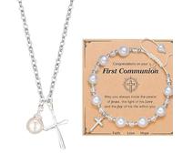 BKEPDY Bijoux Femme Ensemble Parure Première Communion Bracelet Collier Croix Perle Parure Bijoux Femme Cadeau Enfant Fille Baptême Confirmation Cérémonie Religieuse