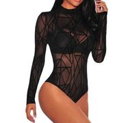 BKEPDY Body à Manches Longues pour Femme Body Sexy en Maille Transparente à Manches Longues Bodycon Justaucorps extensible à manches longues pour femme avec encolure dégagée(S)