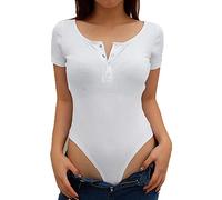 BKEPDY Body Femme Manche Courte Bodysuit Top Haute Élasticité Haut à Col Rond Justaucorps Femme Bodysuit Élégante Jumpsuit Couleurs Unies Une Pièce T Shirt Eté
