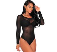 BKEPDY Body Femme Manches Longues String Bodysuit Haute Élasticité Maille Transparente Bodysuit Sexy Col Rond Top Chic Jumpsuit Club Party Bodycon