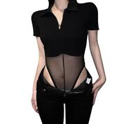 BKEPDY Body Manche Courte Femme Col Zippé Bodysuit Transparent Maille Combinaison Élégant Moulant Shapewear String Top Sculptant Gaine Amincissante