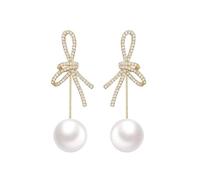 BKEPDY Boucles d'Oreilles Femme avec Nœud Pendantes Longues en Acier Inoxydable de Haute Qualité et Plaqué Or Hypoallergénique avec Des Imitation Perles et Diamants