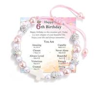 BKEPDY Bracelet d’Anniversaire Fille avec Carte de Vœux Bracelet Fille Ajustable 5-8 Ans en Perles Roses et Cristal Bijoux Enfant Charmant (6th)