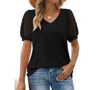 BKEPDY Chemise Femme Col V Chemisier Dentelle Chic et Élégant Tee Shirt Vintage Manche Courtes Blouse Bouffantes Décontracté Tunique Loose Haut Femme(Noir XXL)