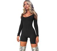 BKEPDY Combinaison Courte Manches Longues Femme Combishort Moulante Sport Sexy Col en U Une Pièce Jumpsuit Barboteuses Décontracté Stretch Bodysuit pour Entraînement Gym Sports Yoga Club