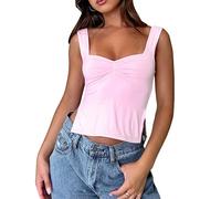 BKEPDY Debardeur Femme Sexy Caraco sans Manches Hauts Crop Top Blouse Hauts Été Haut Dos Nu Femme L'été Court Tops Mode Haut à Plissé (Rose M)
