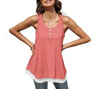 BKEPDY Débardeur Femme Tank Top Col Rond Tops sans Manche Boutonné Haut Chic Dentelle Vêtement Été Décontracté Fluide Basique Quotidien