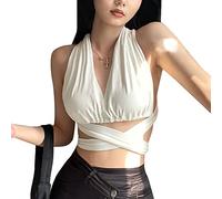 BKEPDY Débardeur Femme Tank Top Halter Col V Plissé Tops sans Manche Haut Chic Croisé Élégant Caraco Court Vetement Été Mode Casual