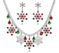 BKEPDY Ensemble Bijoux Femme Noël Flocon de Neige Collier et Boucles d'Oreilles en Alliages avec Strass Rouge et Vert Style Festif pour Fête des Mères ou Mariage(Couleur)