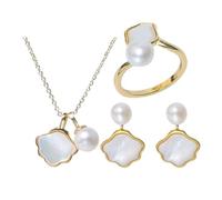 BKEPDY Ensemble Bijoux Fleur Nacre Perle Collier Bague Boucles Oreilles Parure Femme Élégante Accessoires Bijouterie