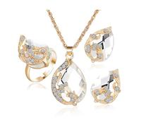 BKEPDY Ensemble Bijoux Goutte Cristal Incrusté Strass Collier Bague Boucles D'oreilles Parure Élégante Ornement Luxueux Accessoire Brillant