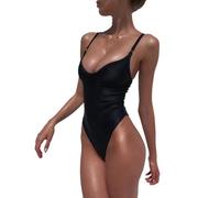 BKEPDY Maillot de Bain 1 Pieces pour Femme Col en V Maillot De Bain Femme Profond Bretelles Spaghetti Réglables Chic Rayures Slim Sexy sans Dos Bodysuit pour Natation (Noir M)