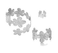 BKEPDY Parure de Bijoux pour Femme Vintage Irréguliers Forme Fleur Brassards et Bagues Hypoallergéniques Bijoux Cadeau pour Mariage Soirée(Argent)