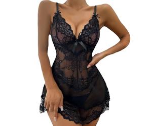 BKEPDY Pyjama Femme Sexy Robe De Nuit Dentelle Érotique Body Lingerie Nuisette Sous-Vêtements Ensemble(Noir/M)