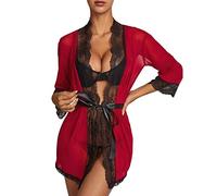 BKEPDY Robe de Chambre Femme Peignoir Satin Kimono Élégant Dentelle Manches 34 Vêtement de Nuit Confortable Ceinture Ajustable Cadeau Anniversaire Mariage Saint Valentin