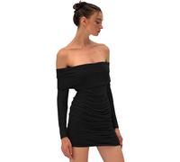 BKEPDY Robe Femme Sexy Manches Longues Mini de Soirée Épaules Dénudées Élégante Courte Bodycon Noir Discothèque Automne Hiver (Noir M)